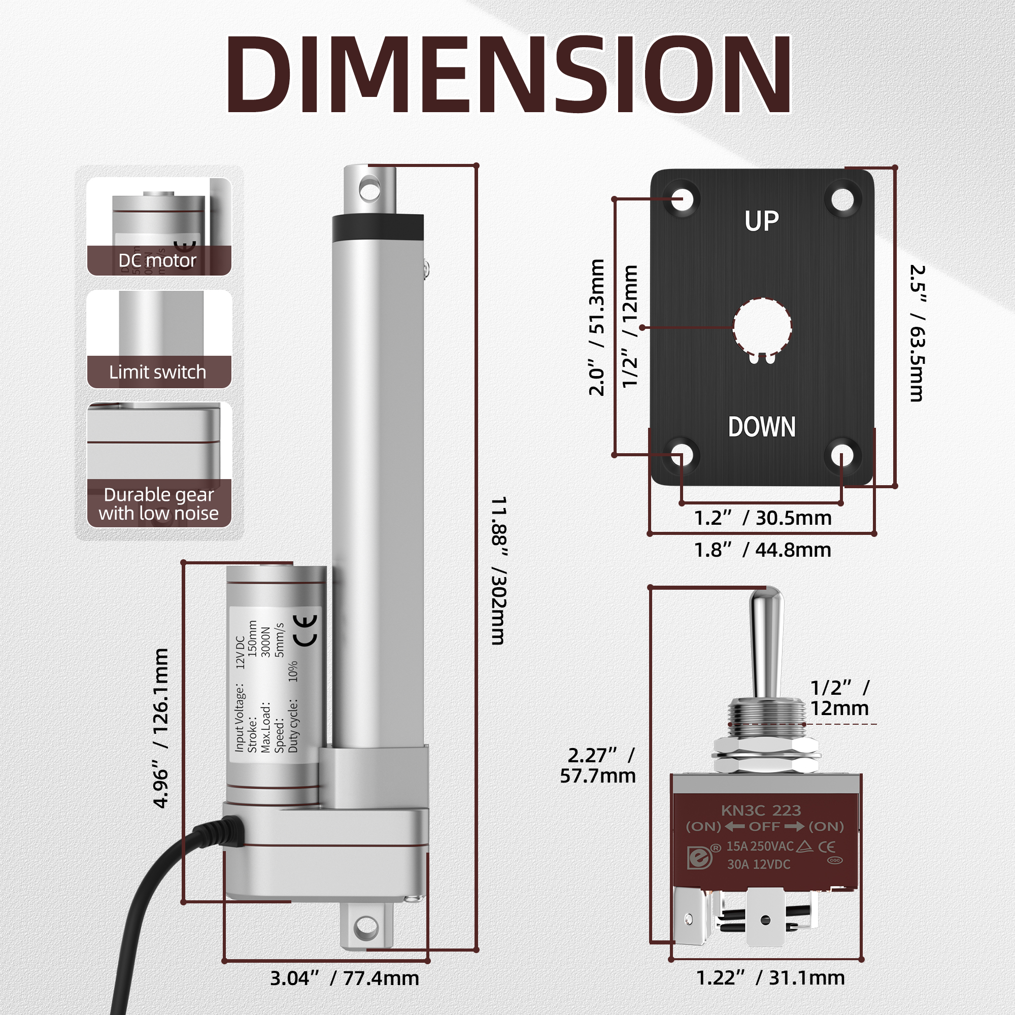 3000N/660lb 12V Linear Actuator with Switch Controller – Multiple Stroke Options