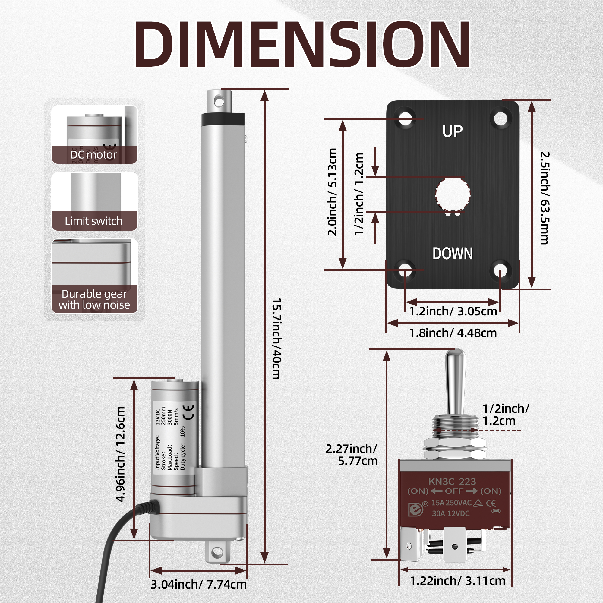 3000N/660lb 12V Linear Actuator with Switch Controller – Multiple Stroke Options