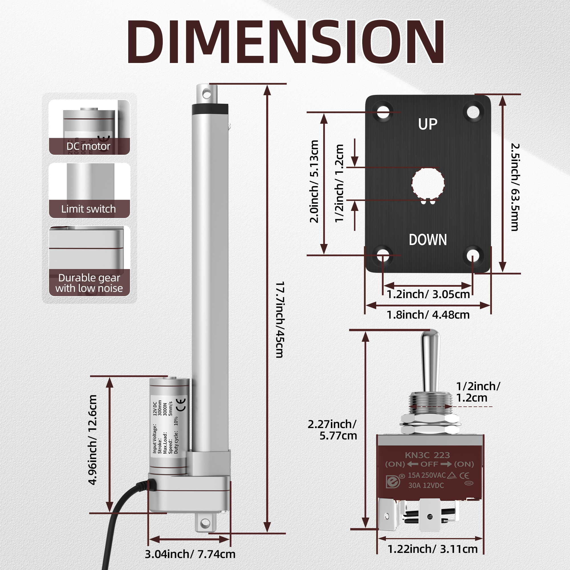 3000N/660lb 12V Linear Actuator with Switch Controller – Multiple Stroke Options