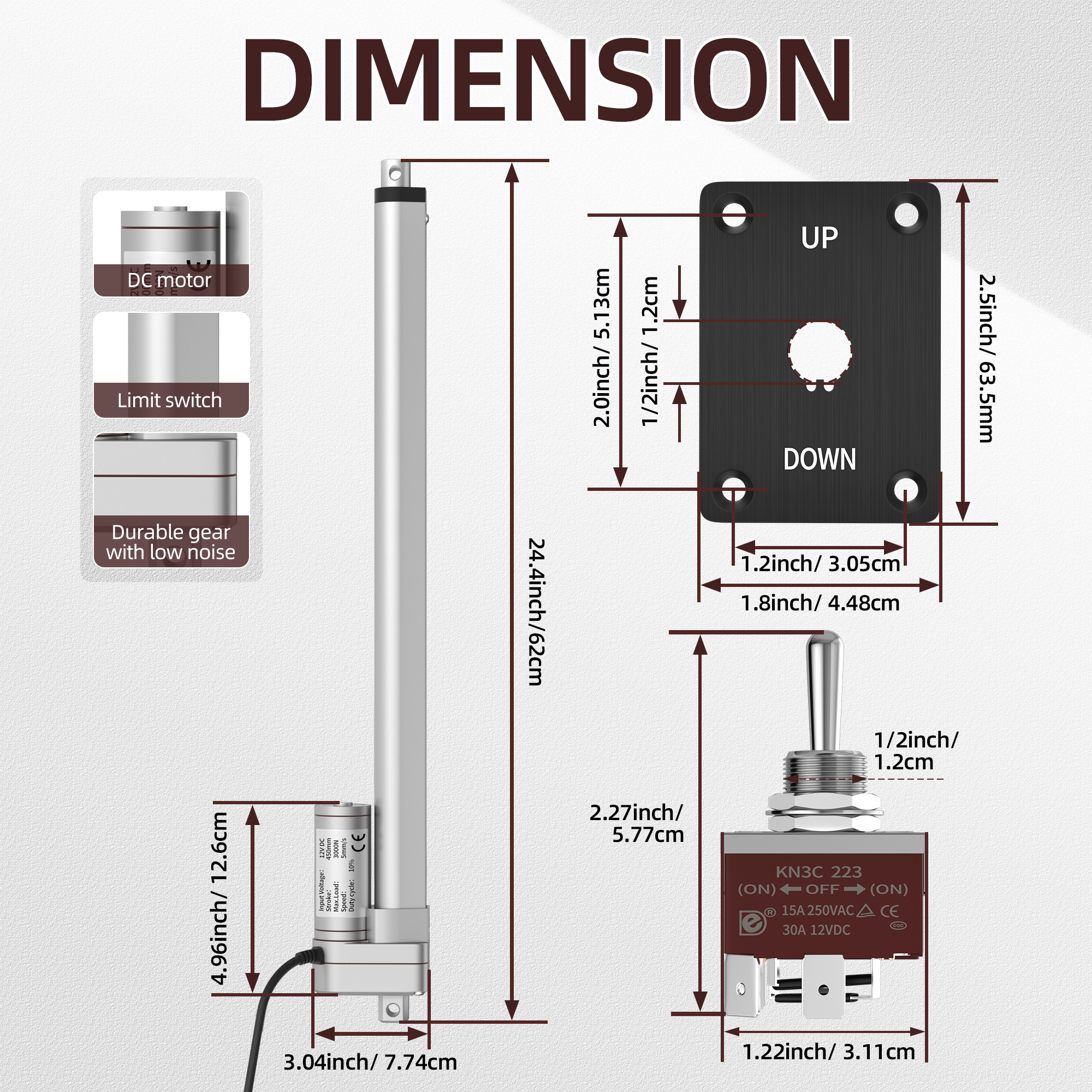 3000N/660lb 12V Linear Actuator with Switch Controller – Multiple Stroke Options