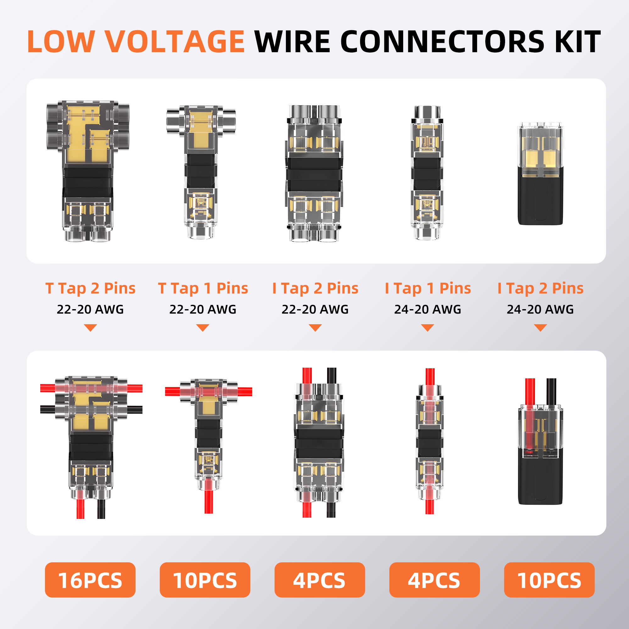 C1#2-44PCS Low Voltage Wire Connector Kit – Solderless T-Tap & I-Tap Assortment – 24-20 AWG Electrical Splice