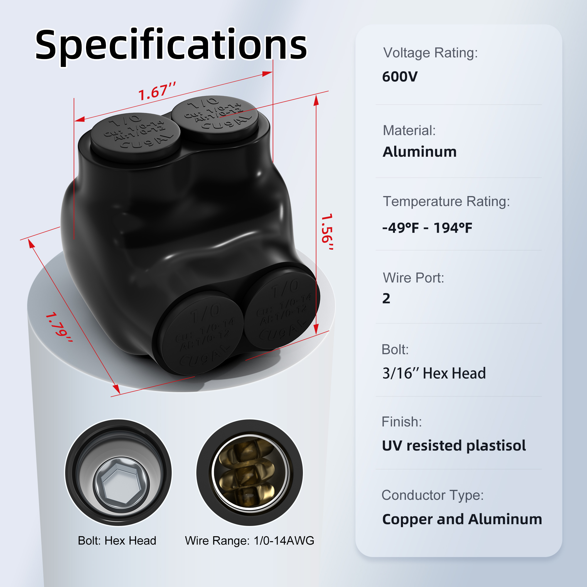 ITC-102-1/0AWG 1/0 AWG – 14 AWG 2-Port Single-Sided Entry Pre-Insulated Connector for Aluminum and Copper Wire