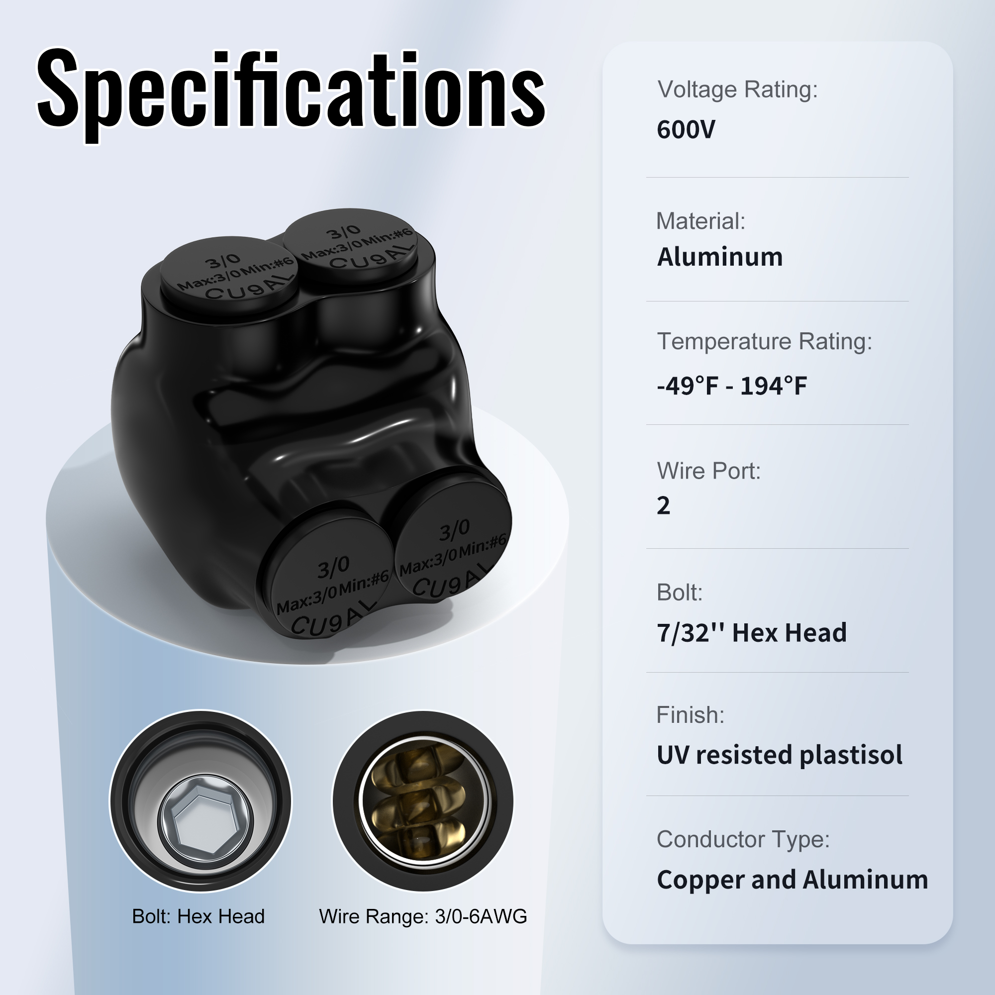 ITC-102-3/0AWG 3/0 AWG – 6 AWG 2-Port Single-Sided Entry Insulated Splice Connector