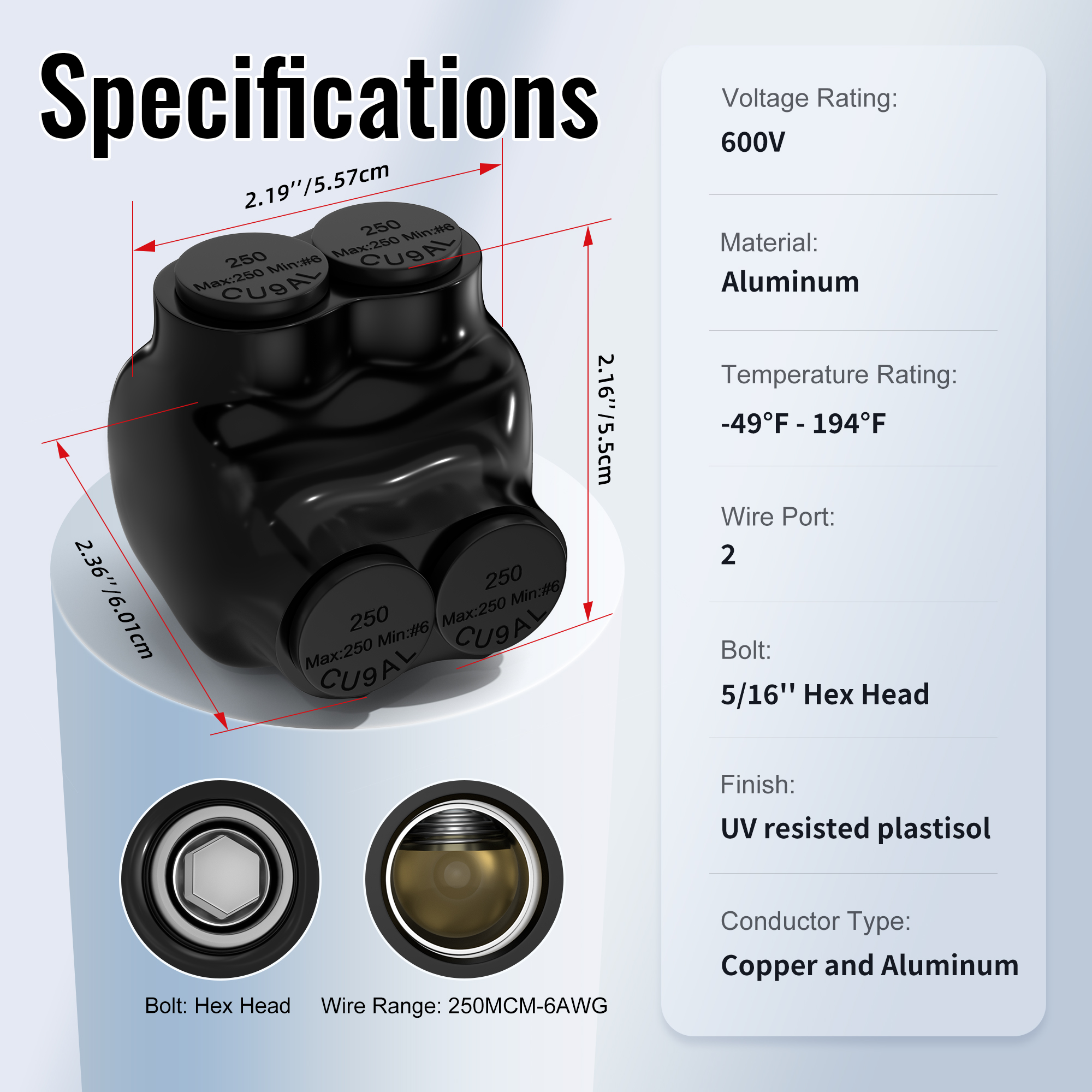 ITC-102-4/0AWG 250 MCM – 6 AWG 2-Port Single-Sided Entry Pre-Insulated Connector