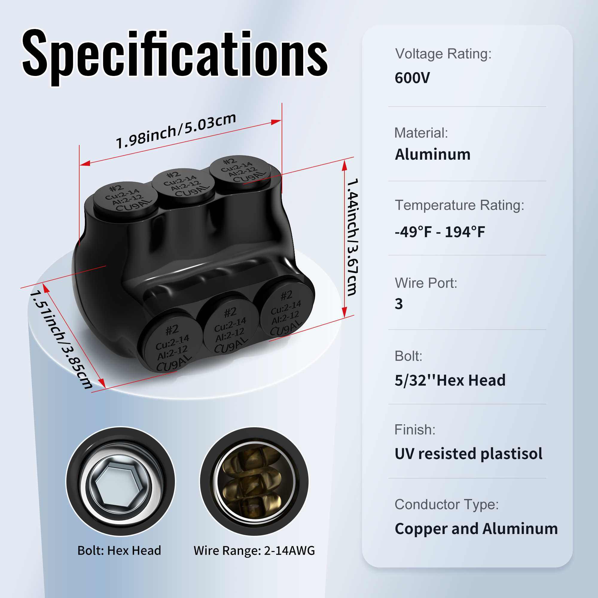 ITC-103-2AWG 2 AWG – 14 AWG 3-Port Single-Sided Entry Insulated Multi-Tap Connector