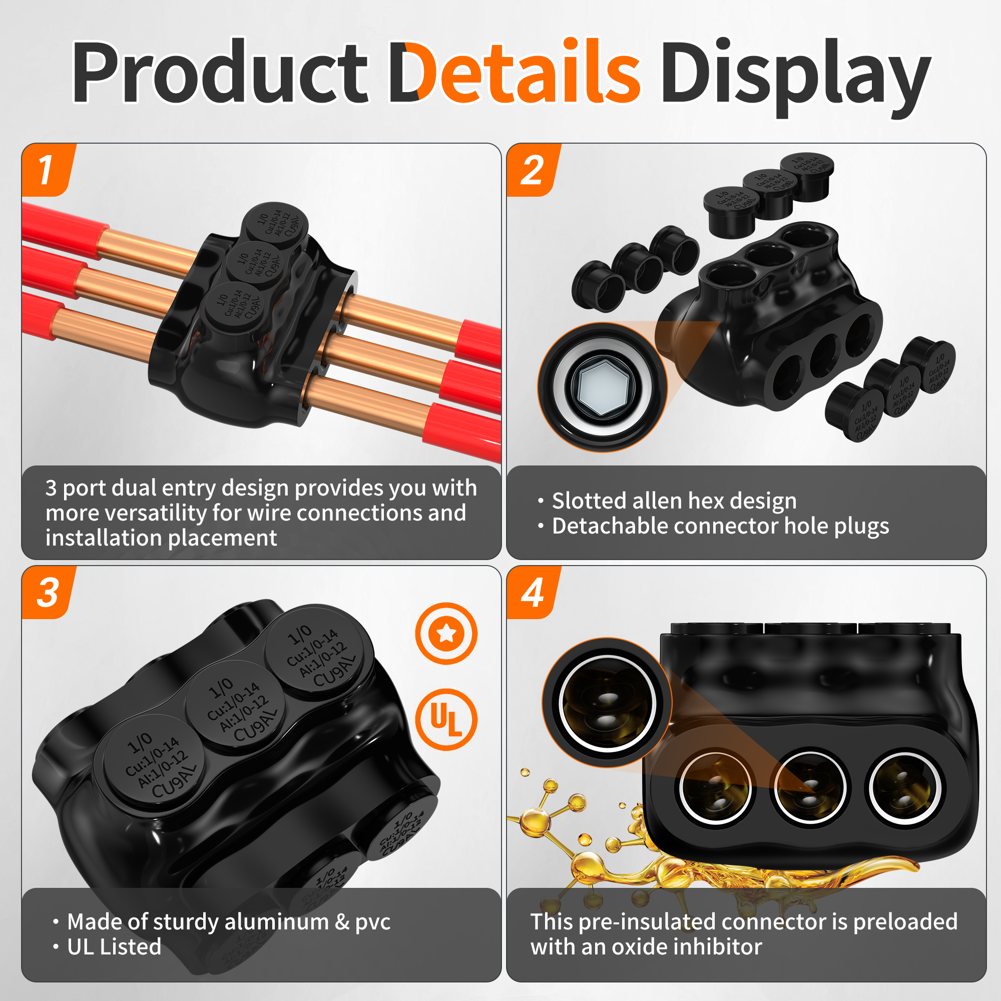 ITC-103D-1/0AWG 1/0 AWG – 14 AWG 3 Port Dual Entry Pre-Insulated Multi-tap Wire Connector