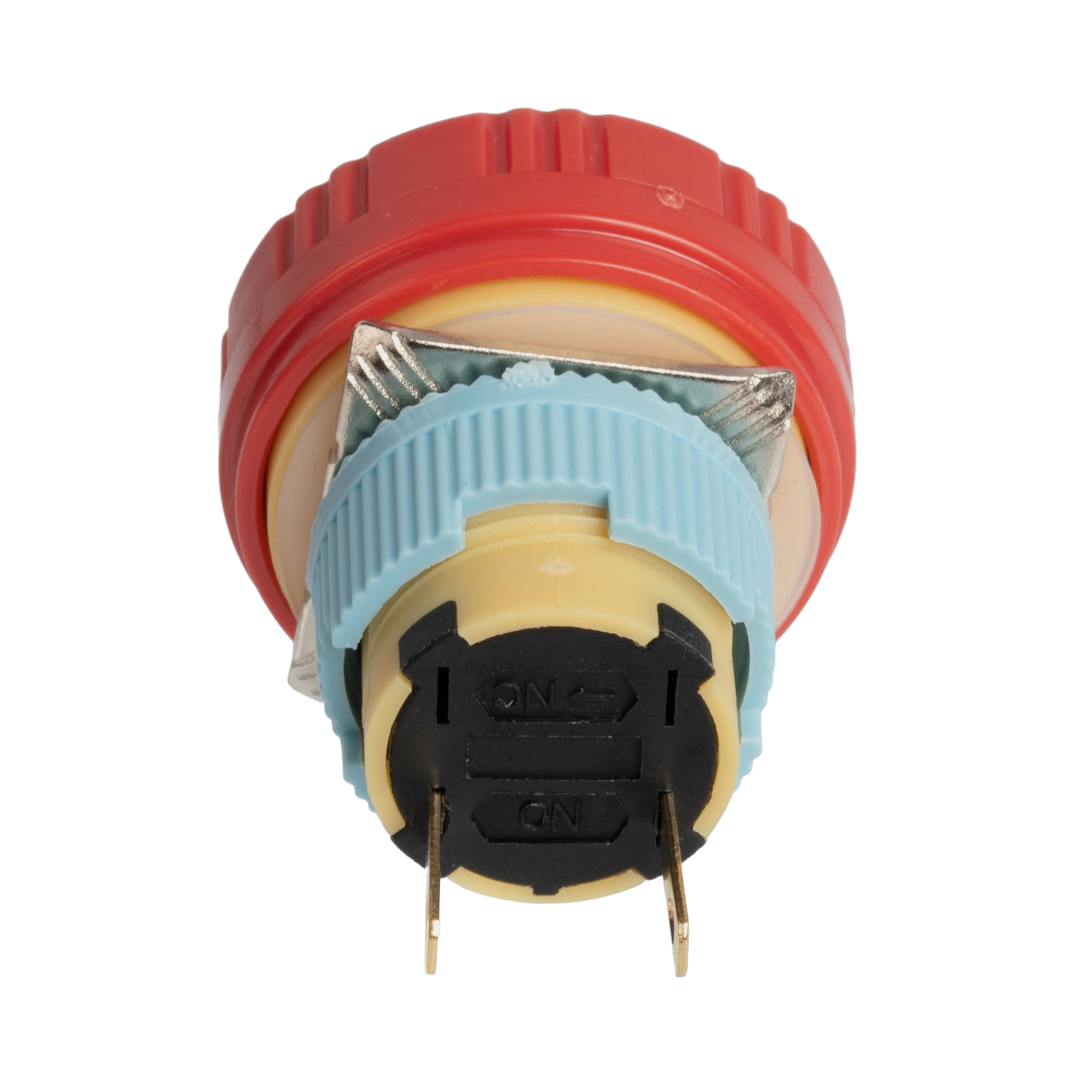 A16-10SR-K 16mm Industrial E Stop Button Switch | Dual Ring Arrow Head, IP65 Twist Reset, 1NO, Red