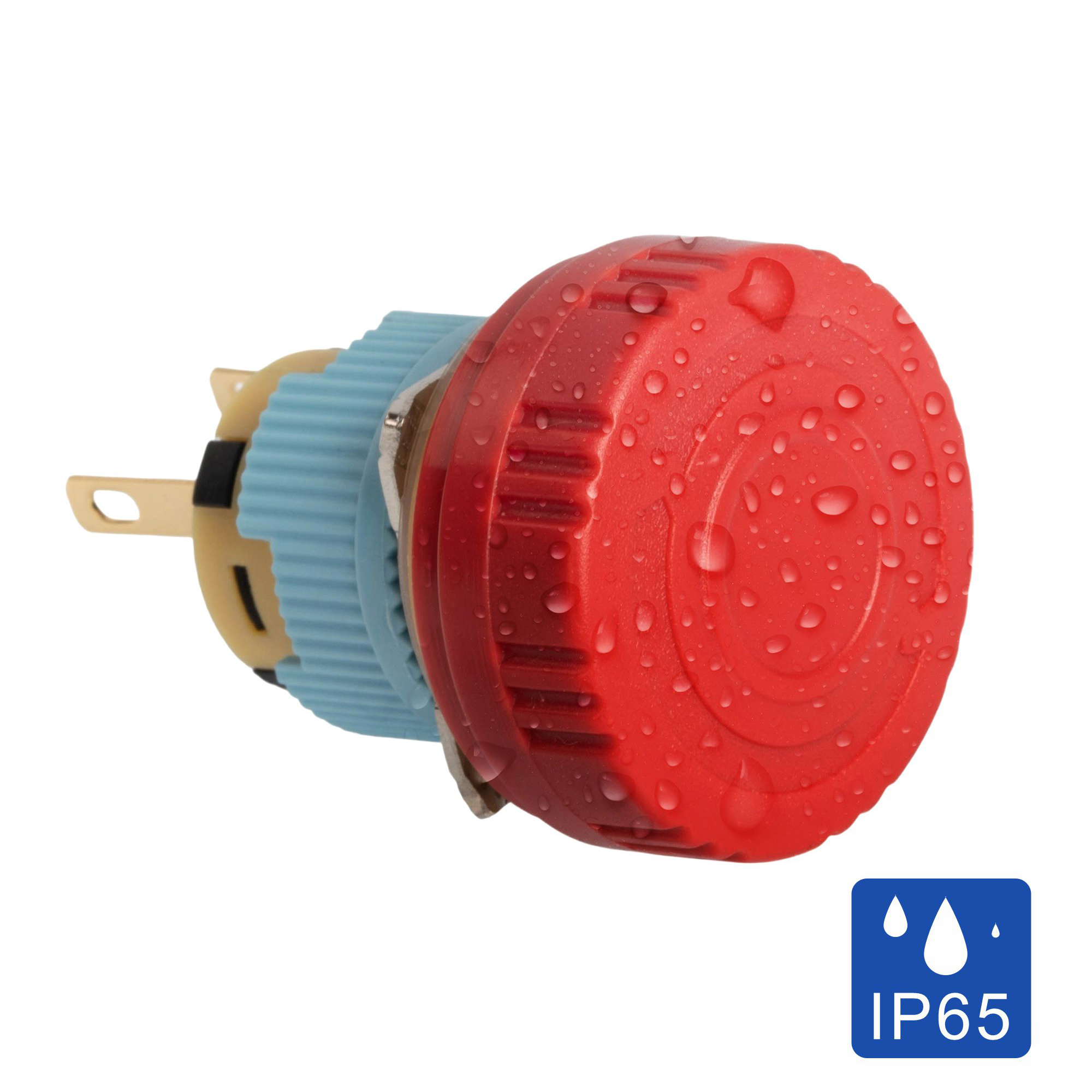 A16-10SR-K 16mm Industrial E Stop Button Switch | Dual Ring Arrow Head, IP65 Twist Reset, 1NO, Red