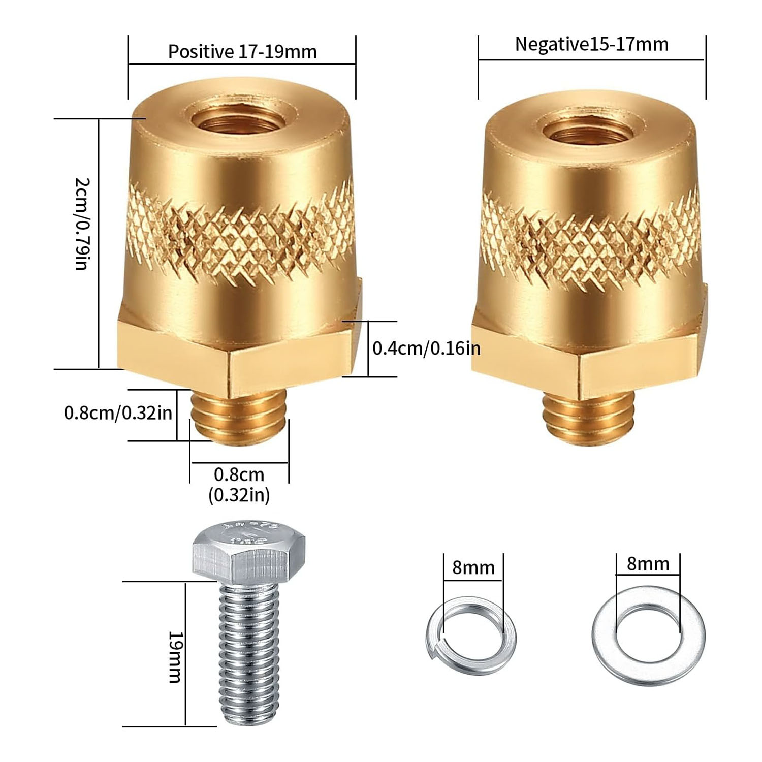 BTP-3-M8 Battery Terminal Adapters M8 Female Thread to SAE/JIS Automotive Posts Knurled Positive & Negative Converter Set