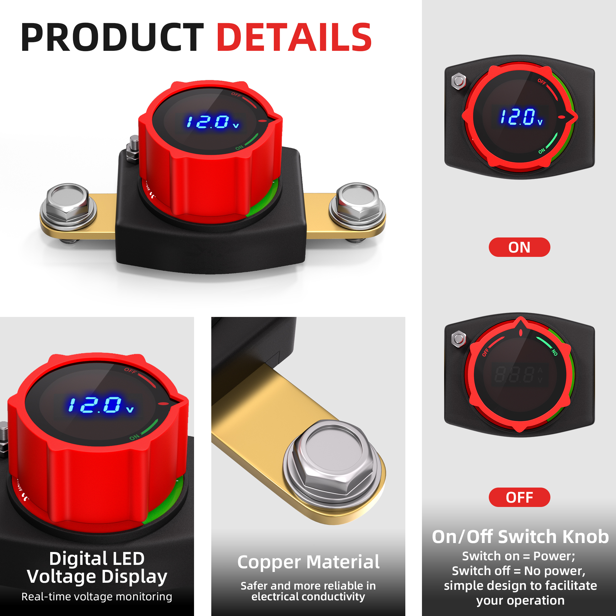 ASW-D71001 250A DC 5-60V Side Post Battery Disconnect Switch with Digital Voltage Display