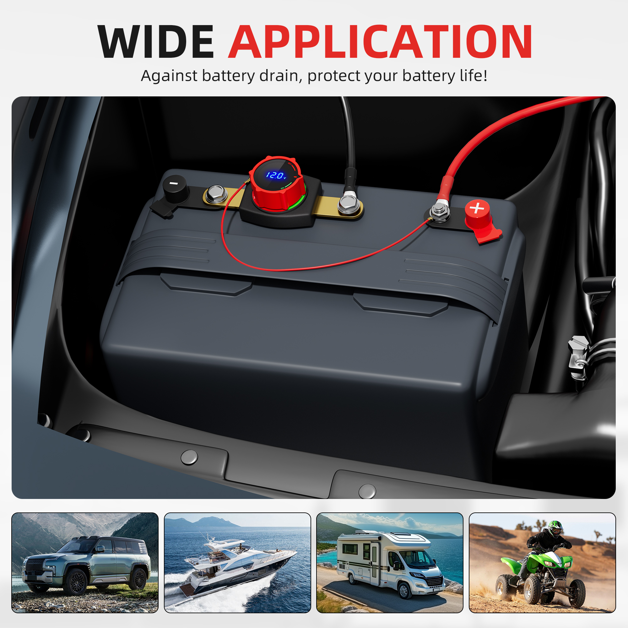ASW-D71001 250A DC 5-60V Side Post Battery Disconnect Switch with Digital Voltage Display