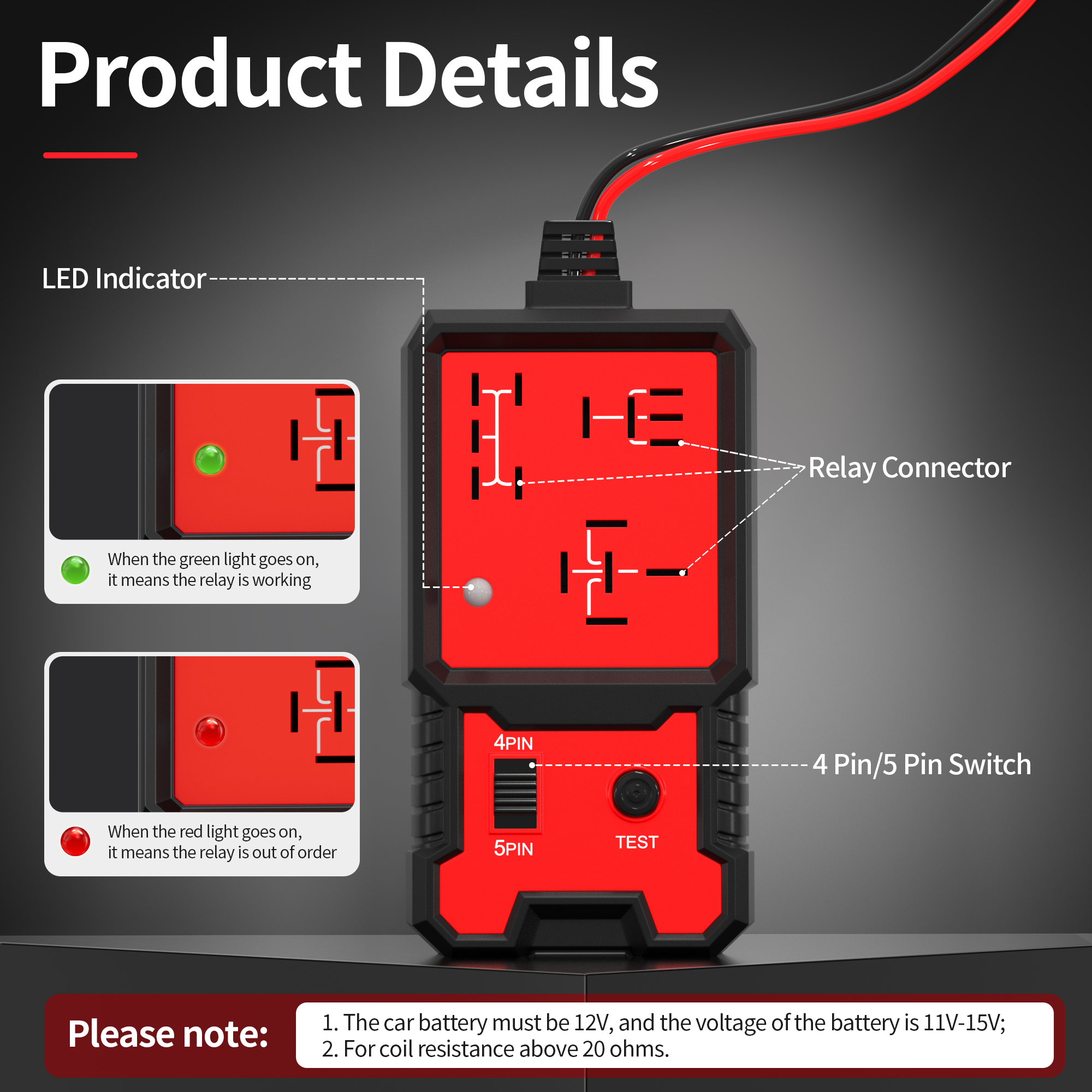 CRT-707 Automotive Relay Tester for 12 Volt 4 and 5 Pin Relays with LED Indicator