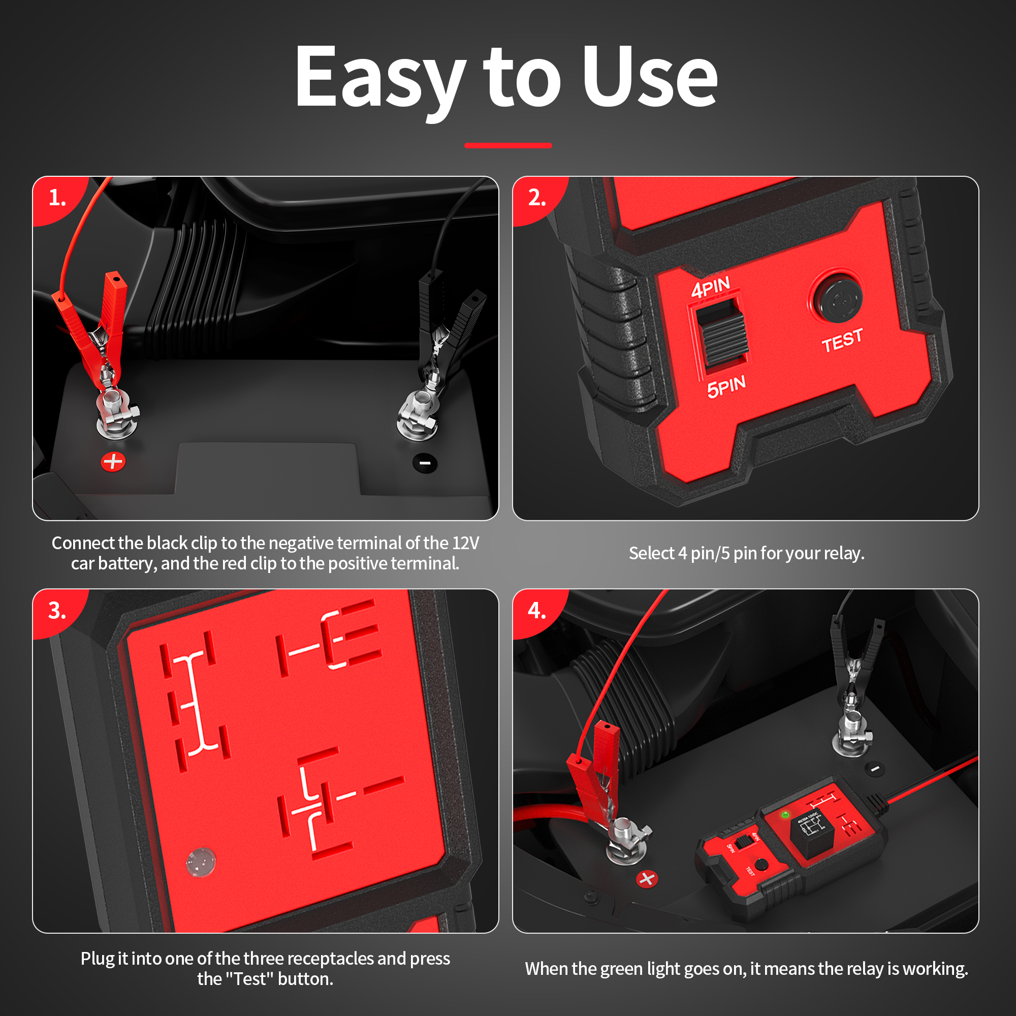 CRT-707 Automotive Relay Tester for 12 Volt 4 and 5 Pin Relays with LED Indicator