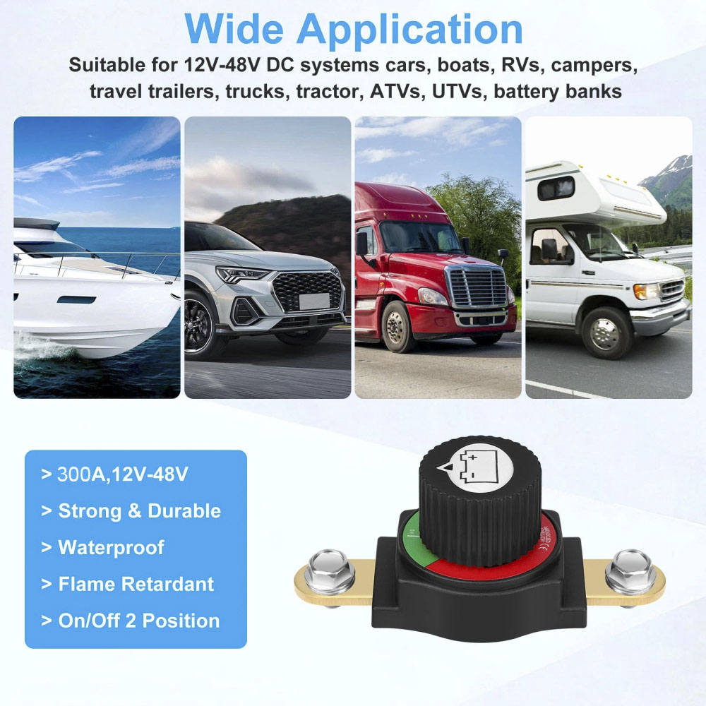 ASW-C71001 300A 12-48V DC Negative Side Post Battery Disconnect Switch In-Line Master Power Cutoff for Car, Marine, RV