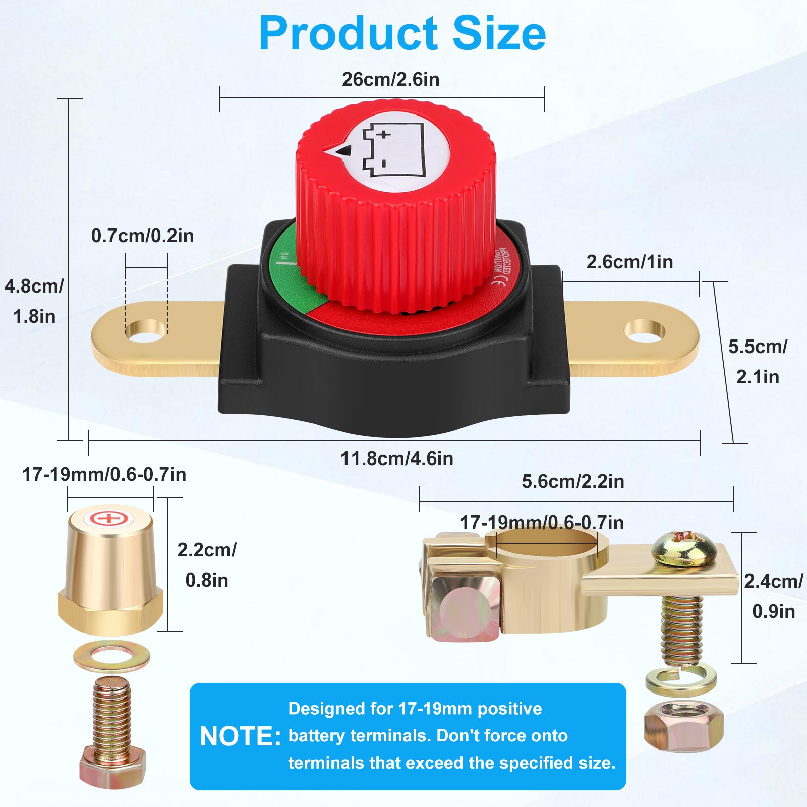 ASW-C71002 300A 12-48V DC Positive Top Post Battery Disconnect Switch Master Power Cutoff for Car, Marine, RV with Adjustable Clamp