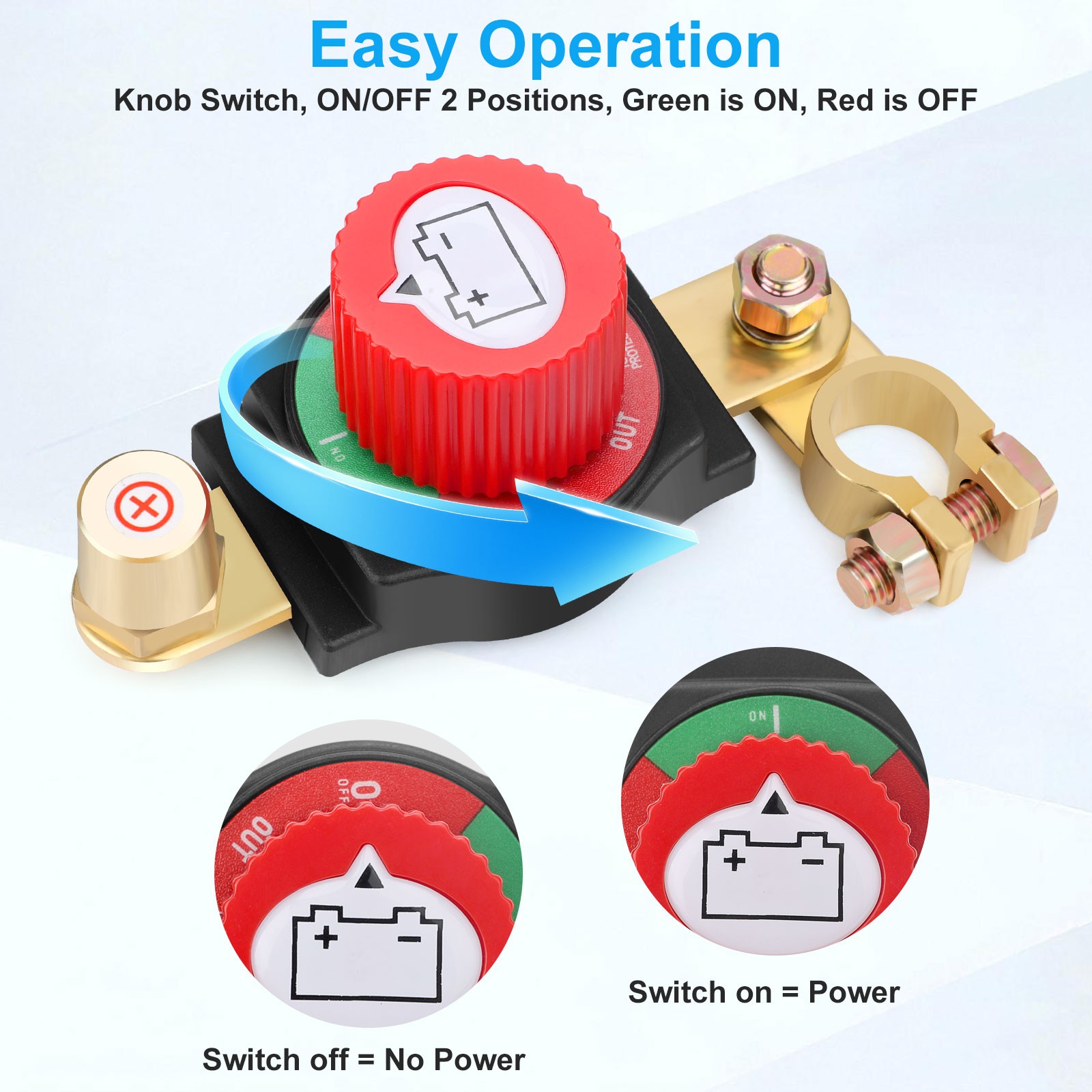 ASW-C71002 300A 12-48V DC Positive Top Post Battery Disconnect Switch Master Power Cutoff for Car, Marine, RV with Adjustable Clamp
