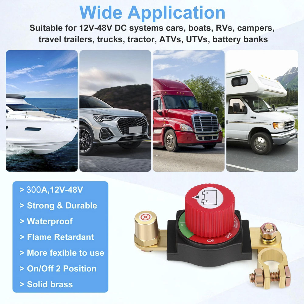 ASW-C71002 300A 12-48V DC Positive Top Post Battery Disconnect Switch Master Power Cutoff for Car, Marine, RV with Adjustable Clamp