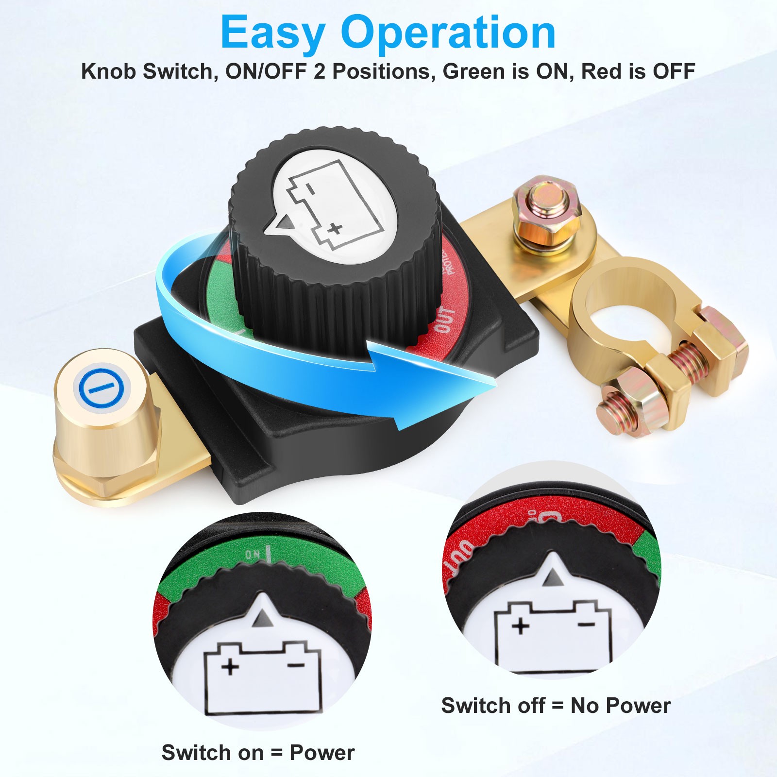 ASW-C71003 300A 12-48V DC Negative Top Post Battery Disconnect Switch Isolator with M8 Stud & Rotary Knob