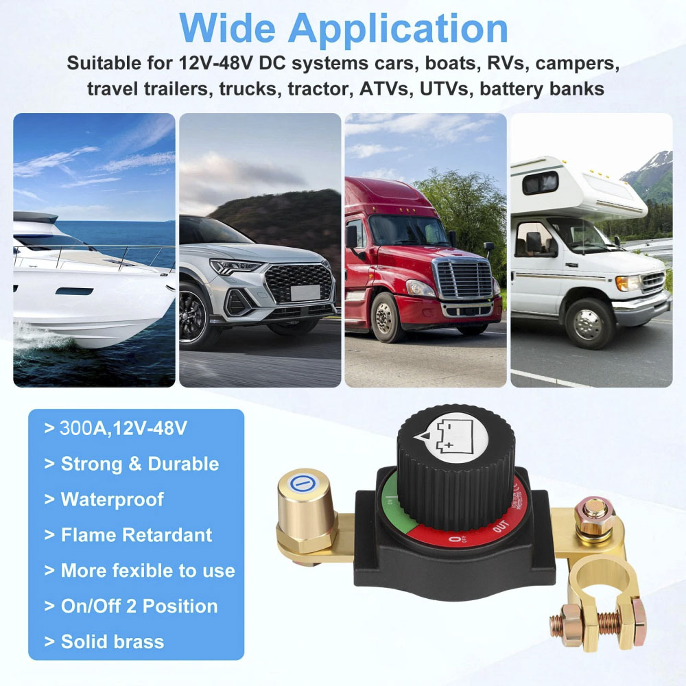 ASW-C71003 300A 12-48V DC Negative Top Post Battery Disconnect Switch Isolator with M8 Stud & Rotary Knob