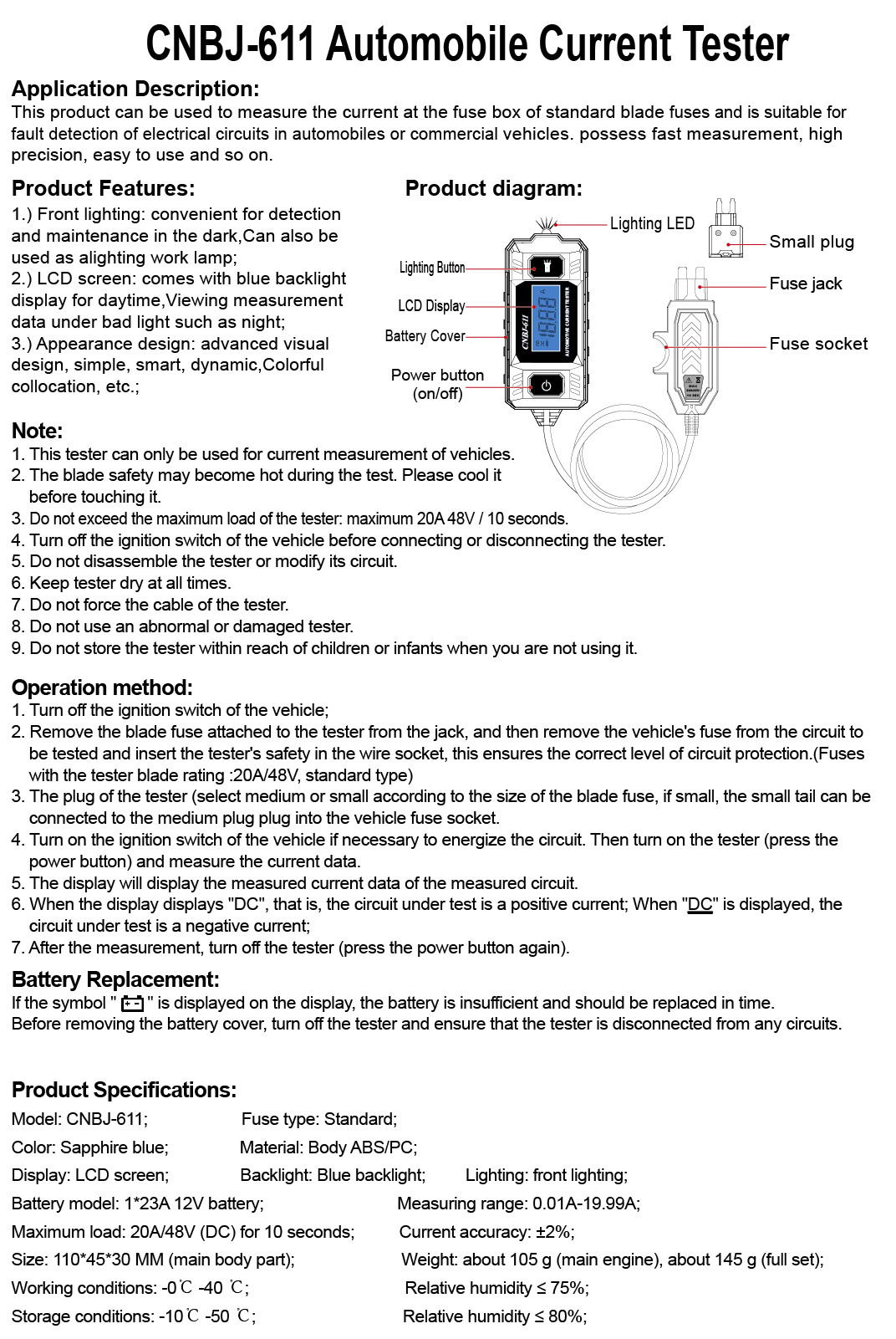 CNBJ-611 20A 48V DC Digital Automotive Fuse Current Tester with LCD Display and Built-in Lighting