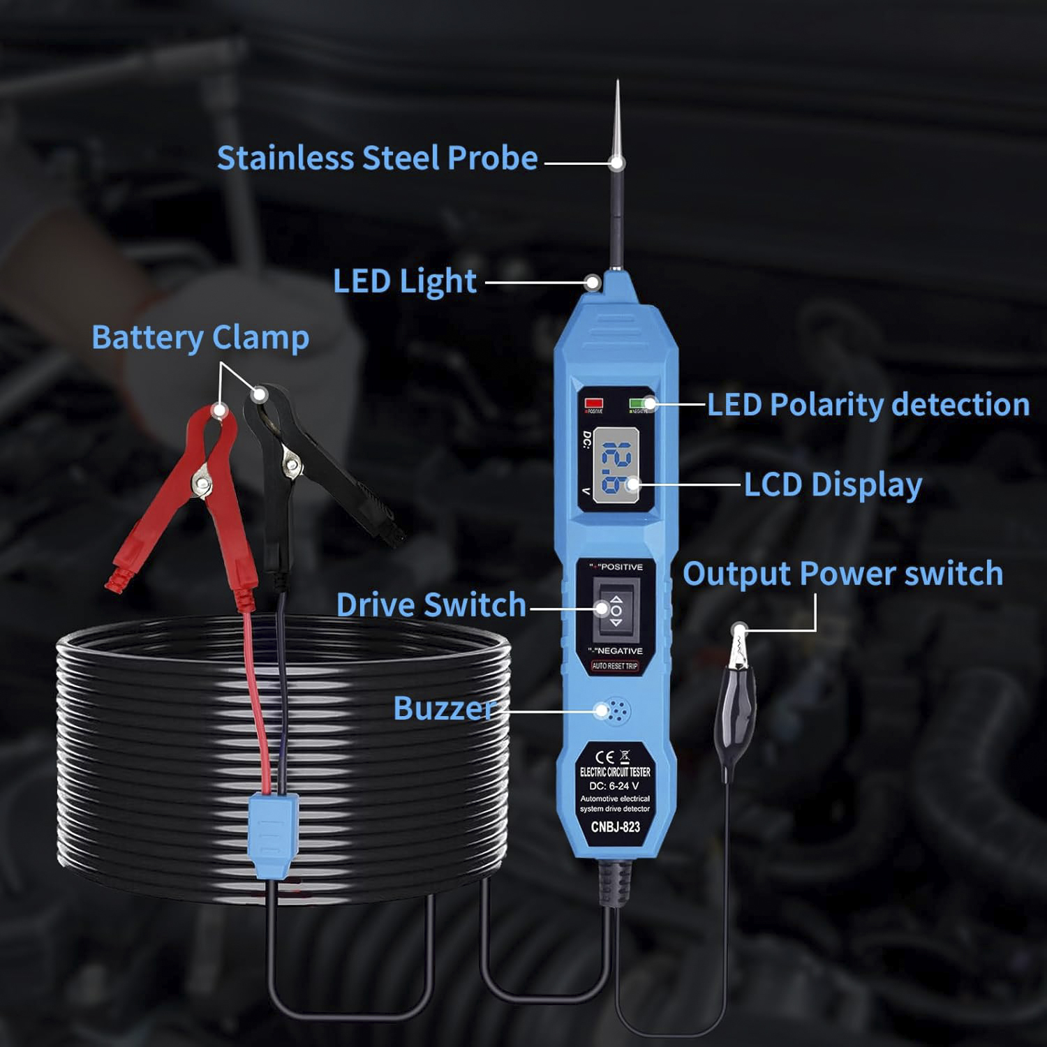 CNBJ-823 6V-24V DC Automotive Power Probe Circuit Tester All-in-One Diagnostic Tool with Component Activation & LCD Display