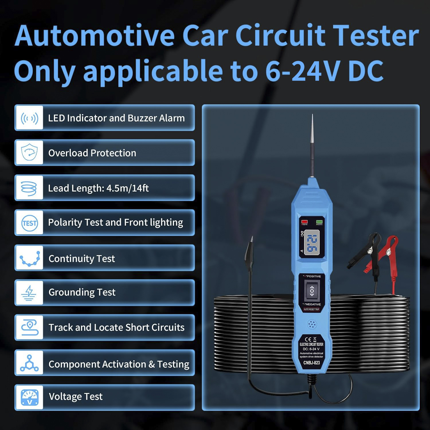 CNBJ-823 6V-24V DC Automotive Power Probe Circuit Tester All-in-One Diagnostic Tool with Component Activation & LCD Display