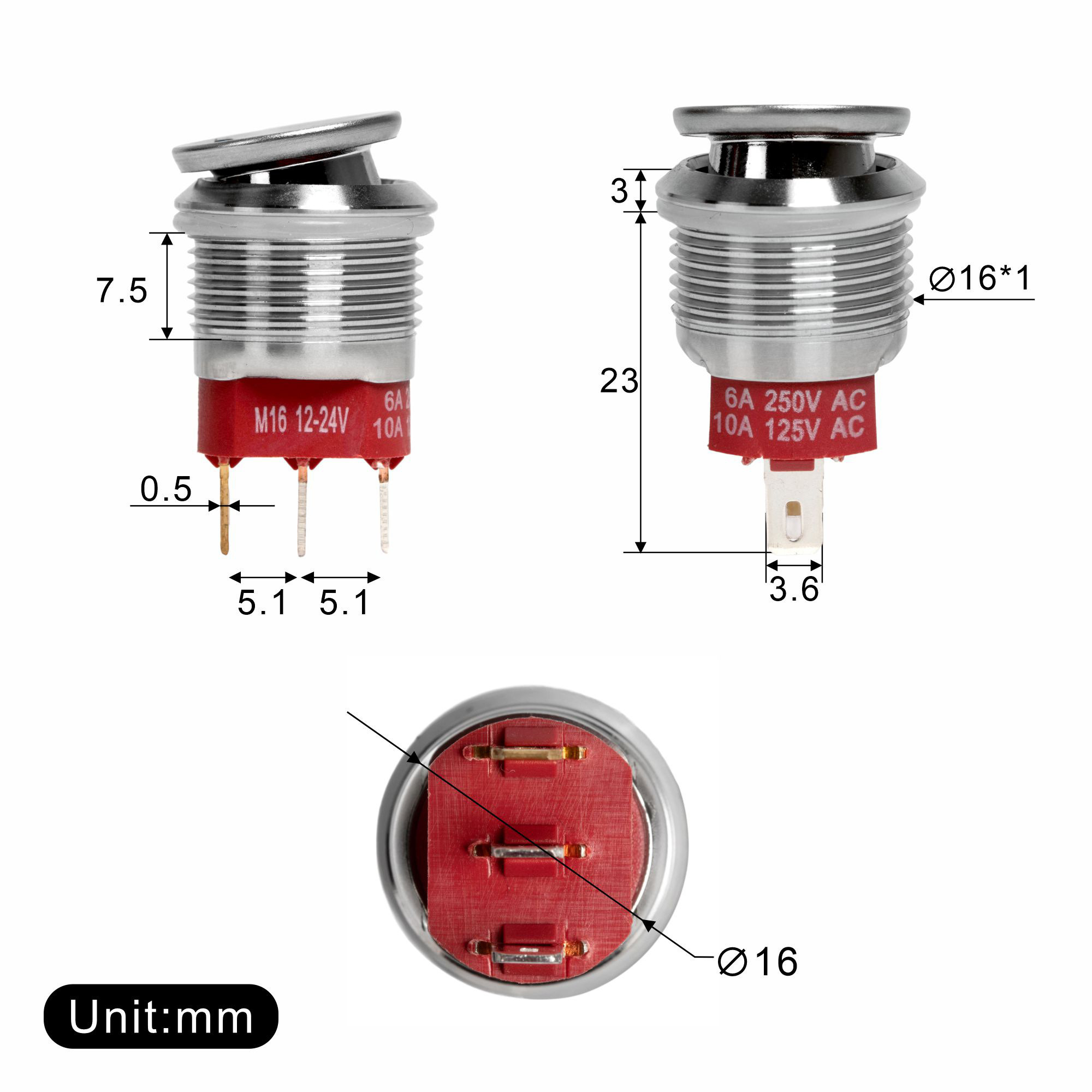 KCD2-201NM-16MM 20A SPST Stainless Steel Round Rocker Switch with Lighted Customize Logo