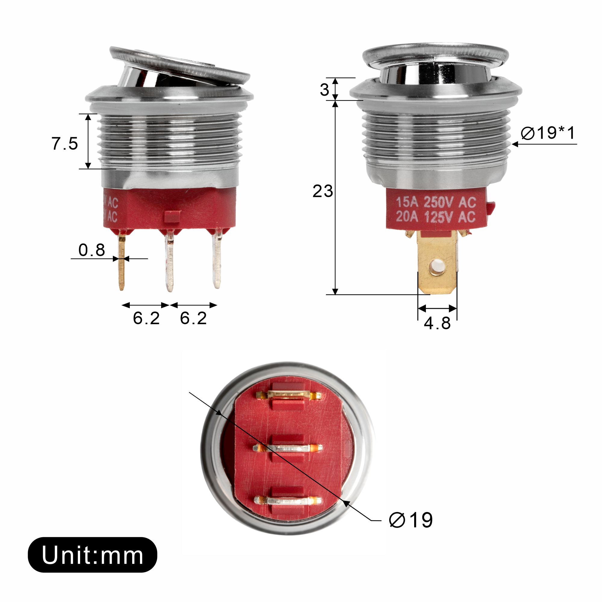 KCD2-201NM-19MM 20A SPST Stainless Steel Round Rocker Switch with Lighted Customize Logo
