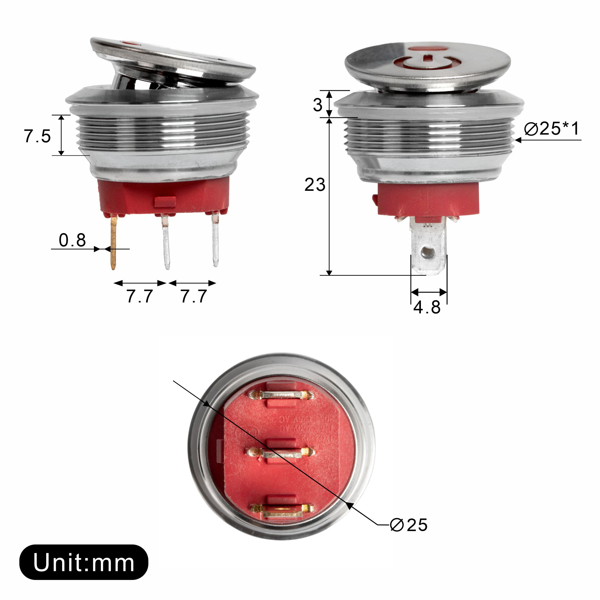 KCD2-201NM-25MM 20A SPST Stainless Steel Round Rocker Switch with Lighted Customize Logo