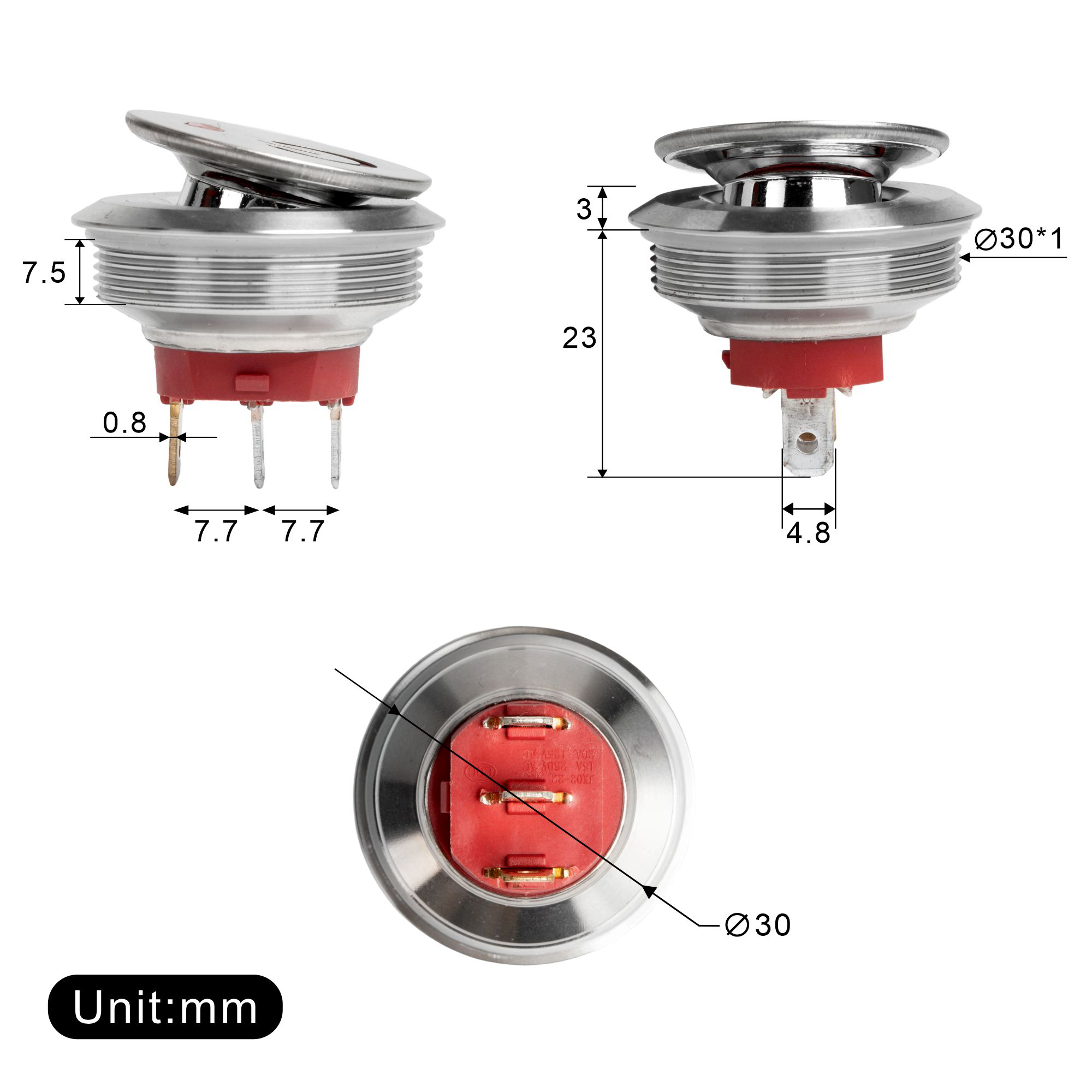 KCD2-201NM-30MM 20A SPST Stainless Steel Round Rocker Switch with Lighted Customize Logo