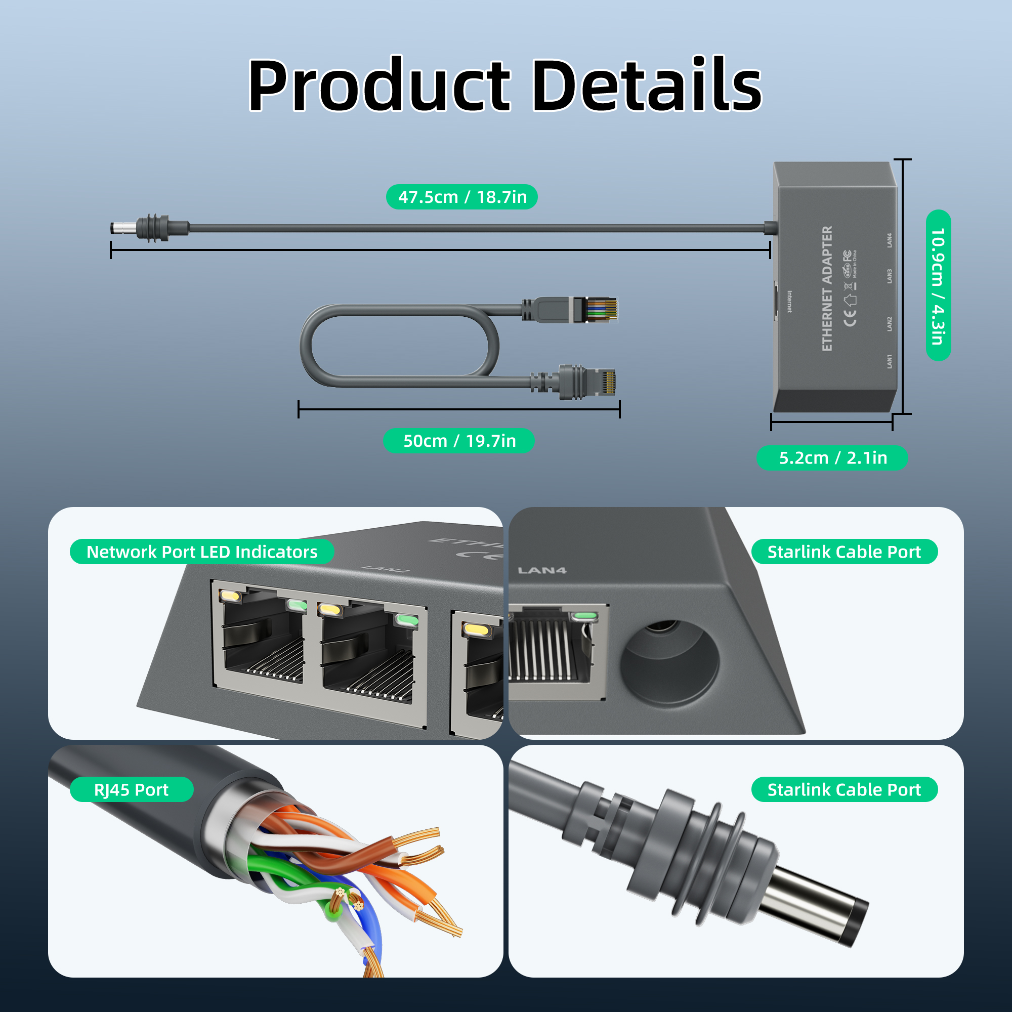 MINI-EA4-CABLE0.5M Starlink Gen 3 & Mini 4-Port Ethernet Adapter Professional LAN Network Expansion Hub
