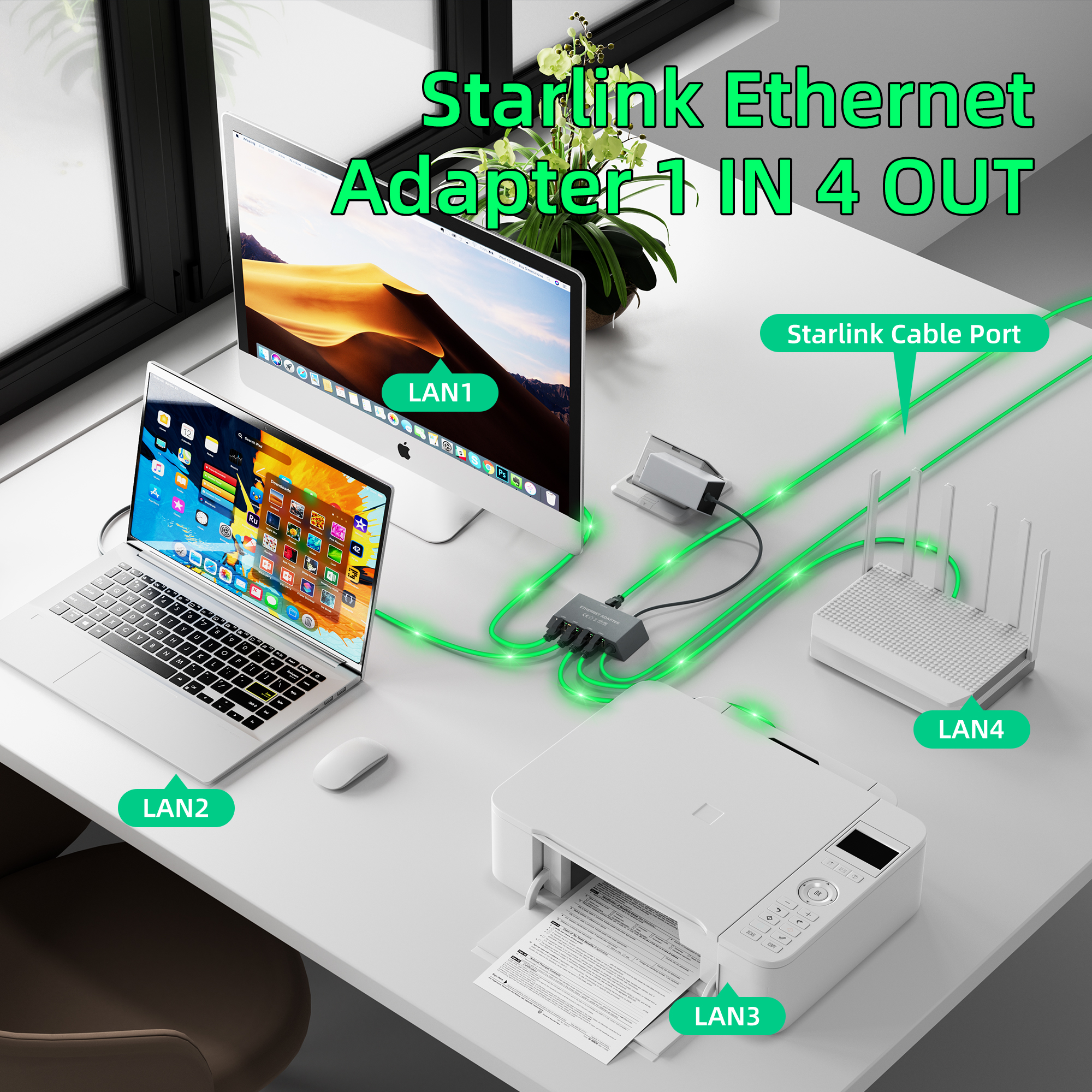 MINI-EA4-CABLE0.5M Starlink Gen 3 & Mini 4-Port Ethernet Adapter Professional LAN Network Expansion Hub