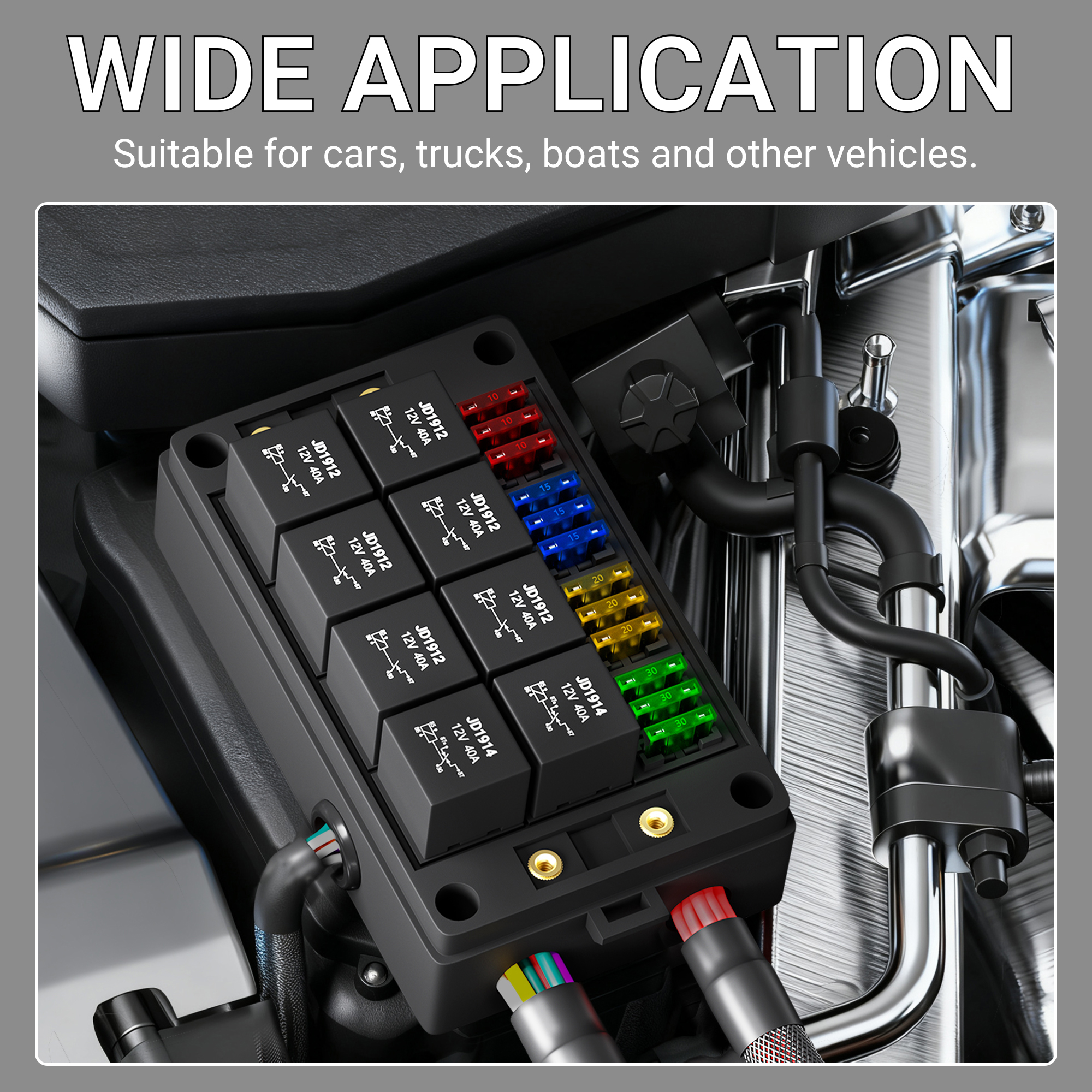 RB-R8F12-W2 Automotive Pre-Wired Relay Box with 8 Relays and 12 Fuses for 12V Systems