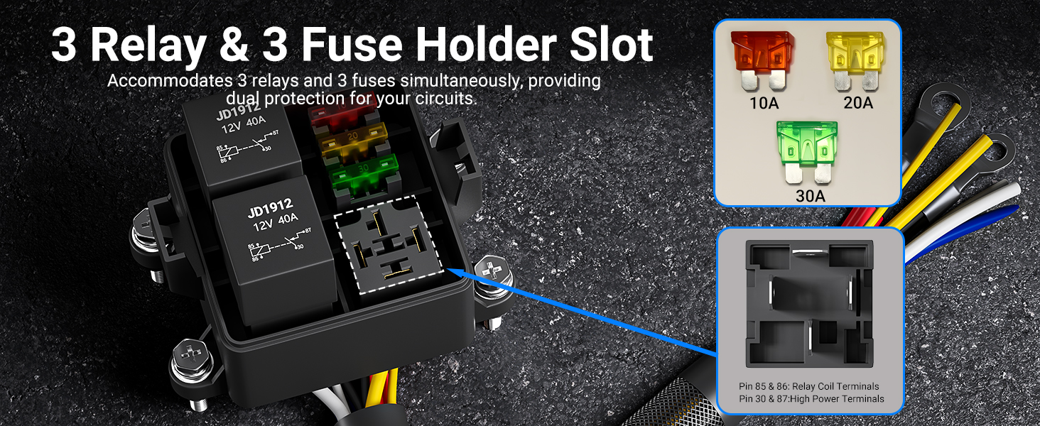3-Way 12V Relay Fuse Box Pre-wired | 40A 3-Slot Distribution Block