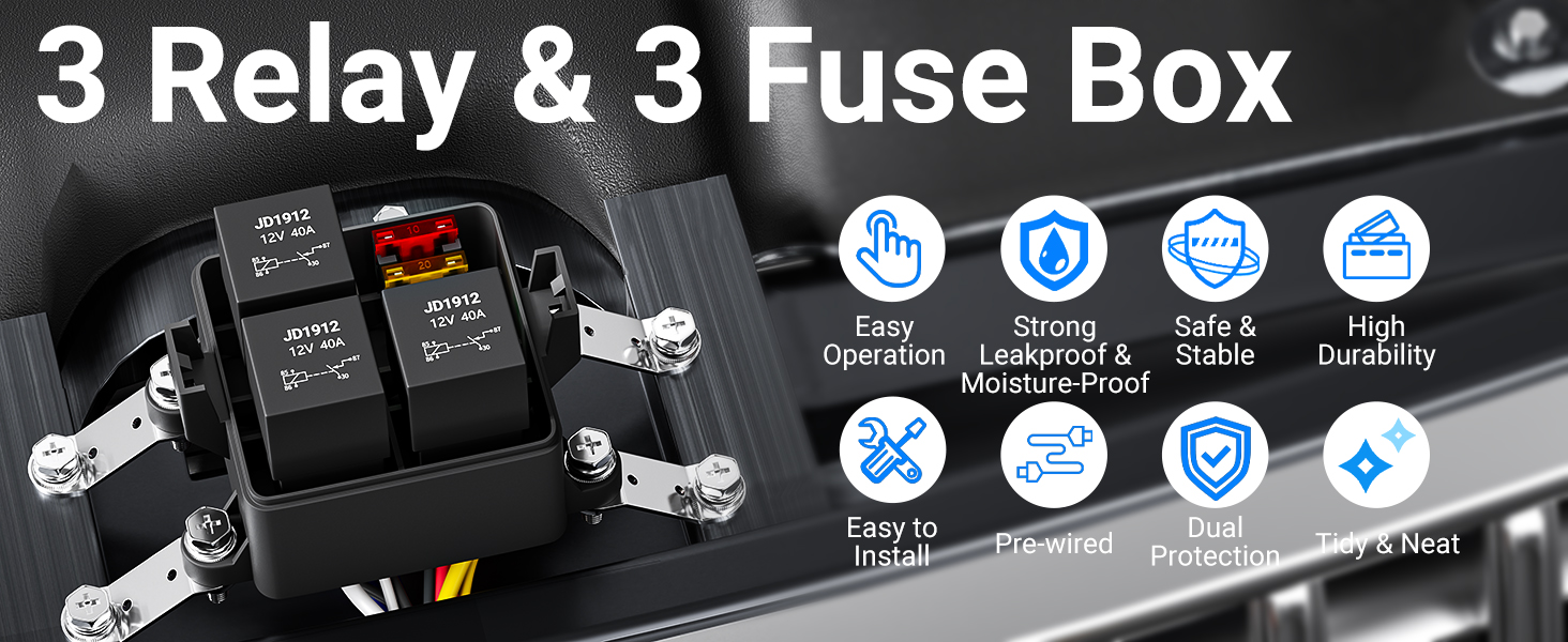 3-Way 12V Relay Fuse Box Pre-wired | 40A 3-Slot Distribution Block