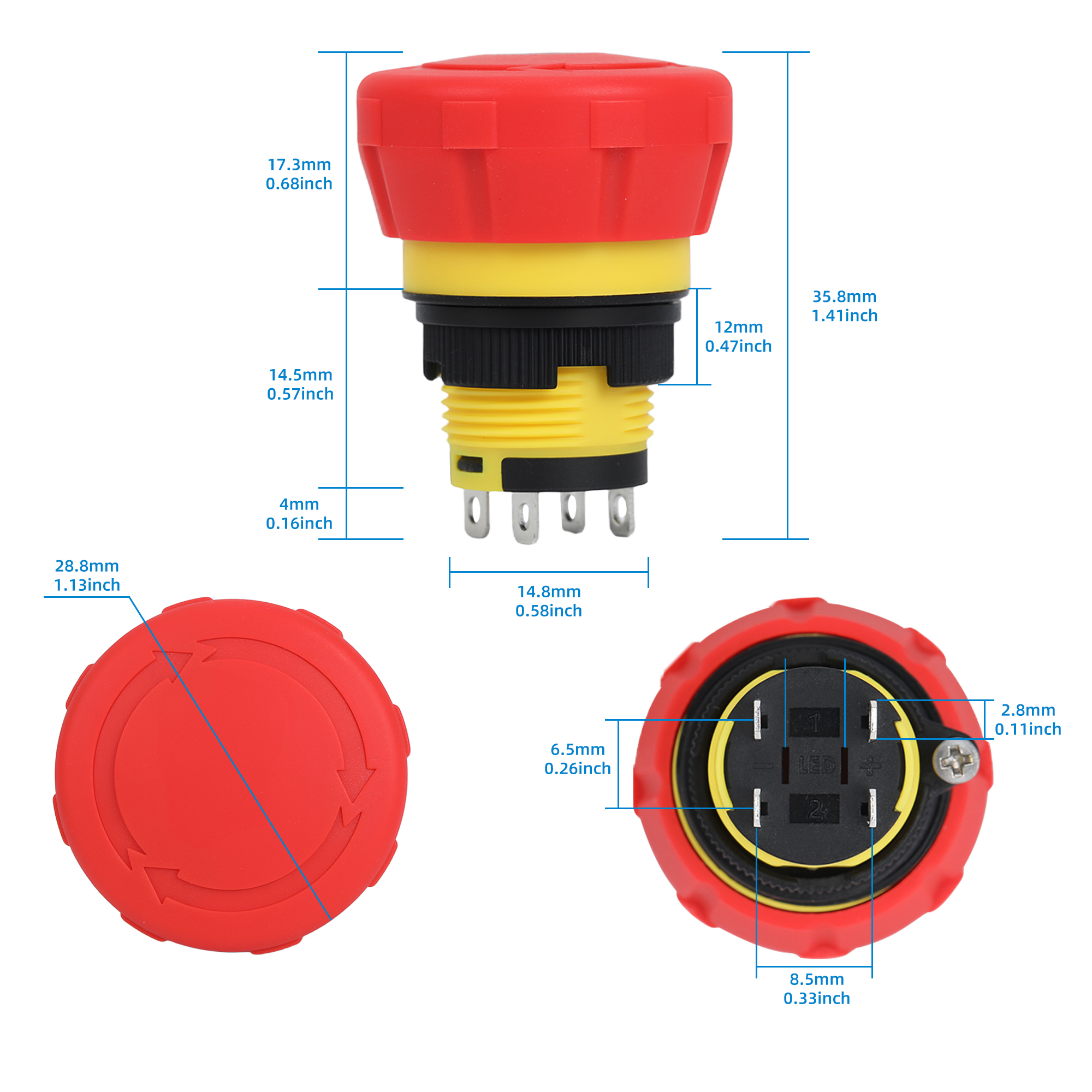 A16-16SHORT 16mm Emergency Stop Push Button Switch | 5A 1.5V~250V AC/DC