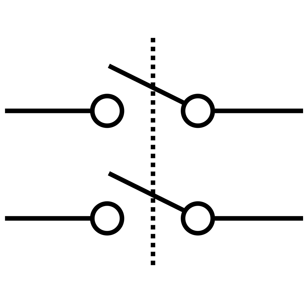 DPST switch diagram showing two independent circuits linked by a mechanical actuator line. DPST switch diagram showing two independent circuits linked by a mechanical actuator line.
