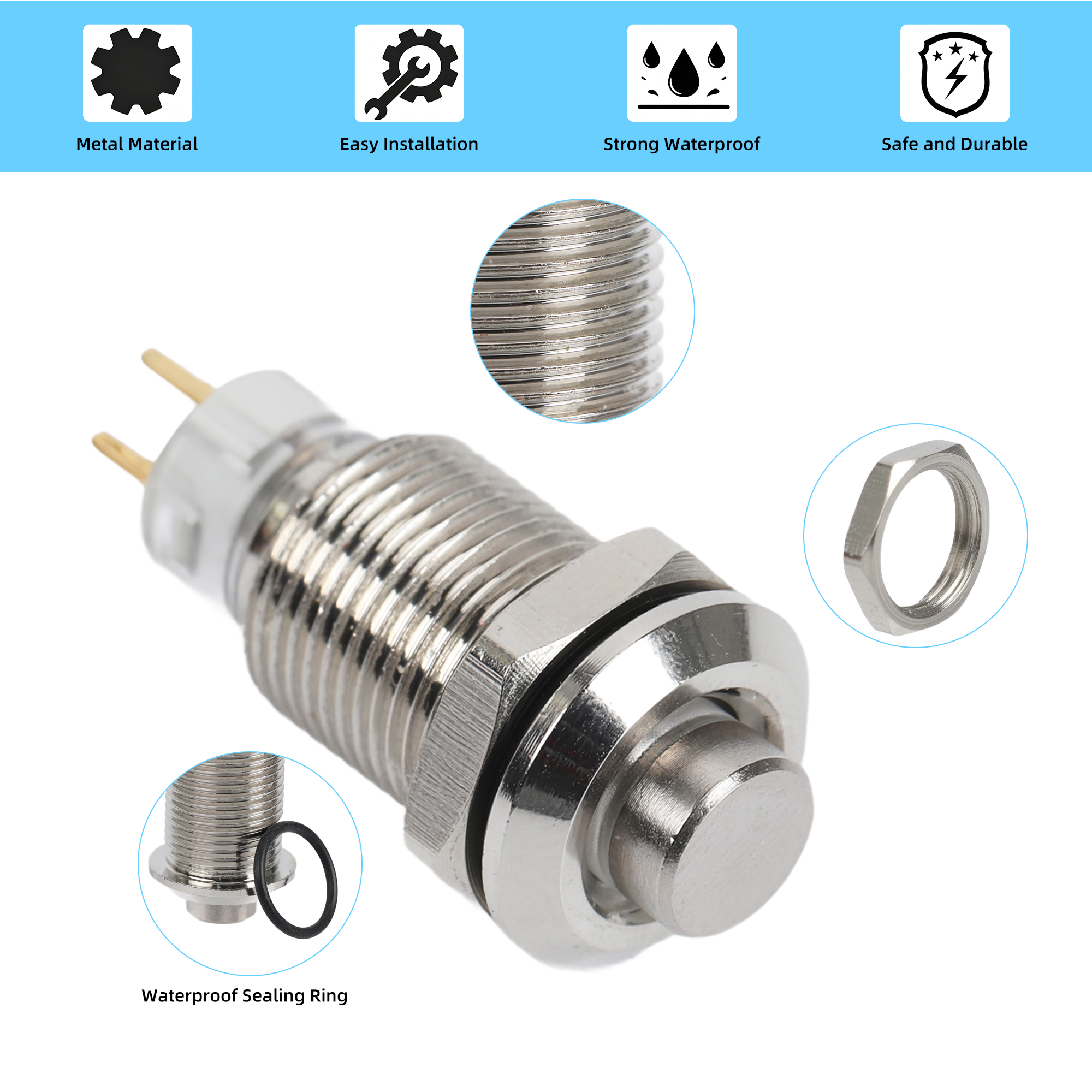 GQ-10H-10 Series 10mm Waterproof Metal Push Button Switch | Latching & Momentary Custom Options