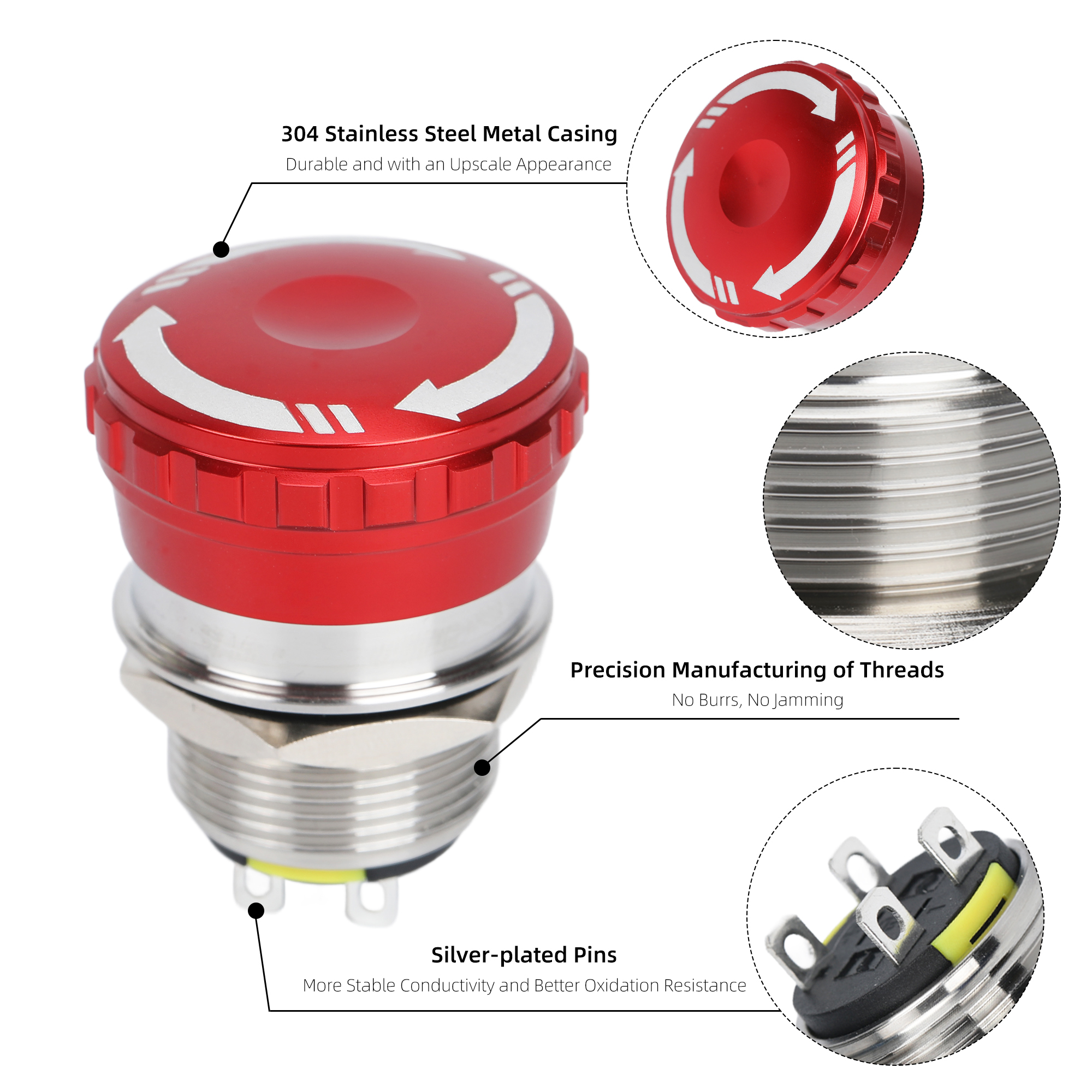 LAS1-16SHORT 16mm Metal Emergency Stop Switch | Stainless Steel LED E-Stop Button