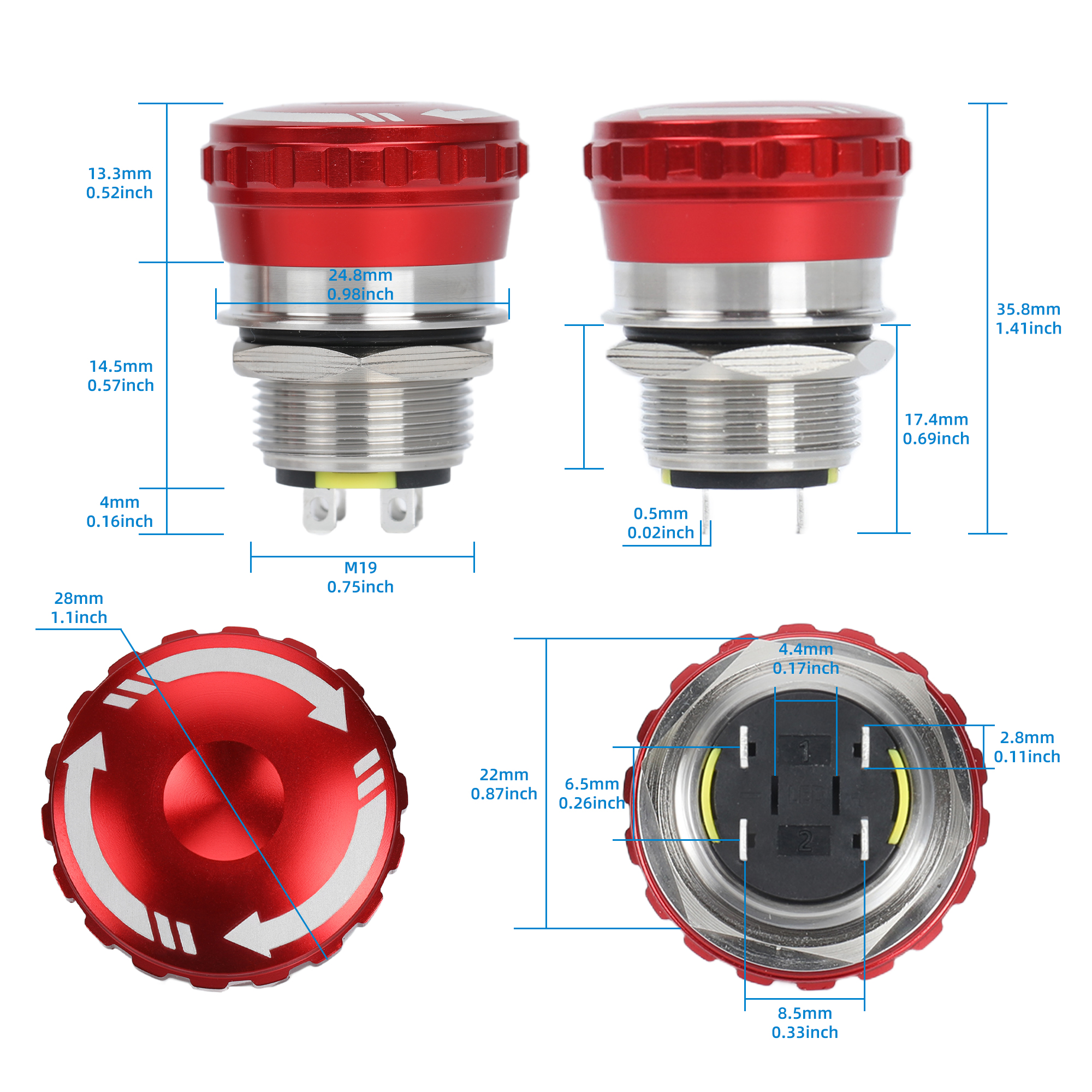 LAS1-19SHORT 19mm Metal Emergency Stop Switch | Stainless Steel LED E-Stop