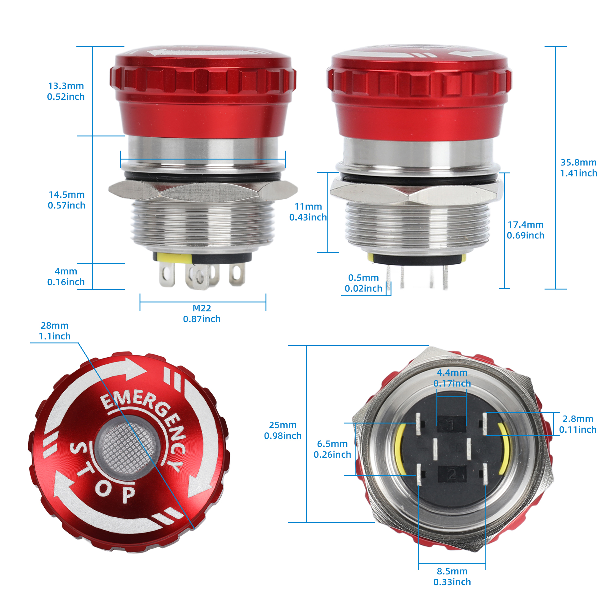 LAS1-22SHORT 22mm Metal Emergency Stop Switch | Stainless Steel LED E-Stop