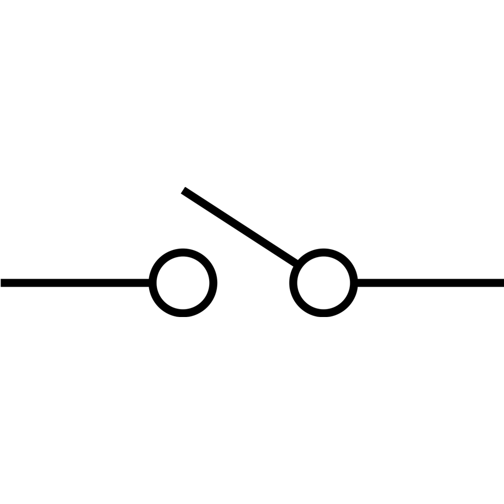 SPST switch schematic symbol showing single pole single throw open circuit. SPST switch schematic symbol showing single pole single throw open circuit.