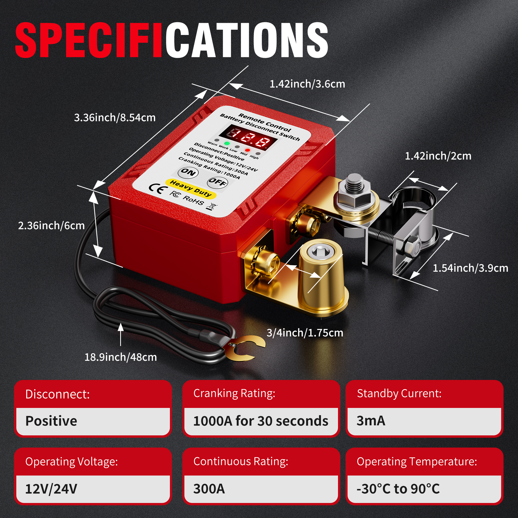 RL-RCM300-POS 12V-24V 300A Positiv Remote Battery Disconnect Switch